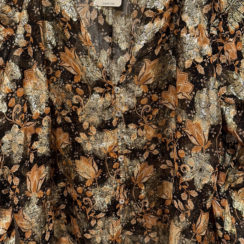 Free People Scorpio Long Sleeve Metallic Floral Sheer Blouse NWOT - - Picture 5 of 6